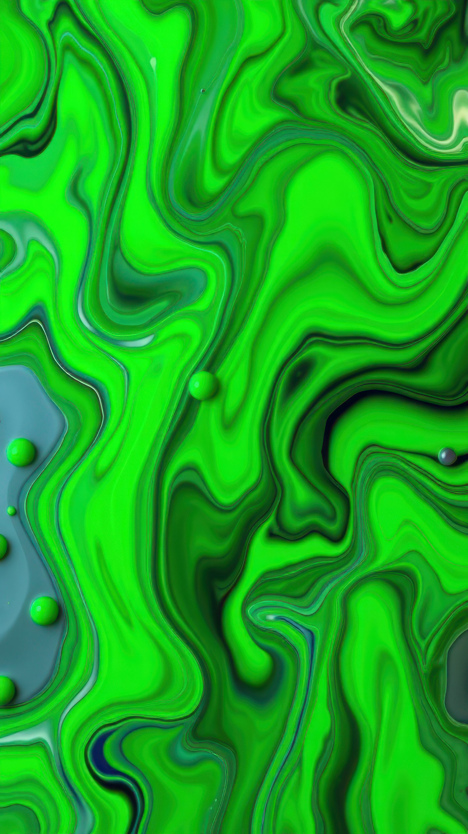 Abstract green liquid art showcasing swirling patterns and glossy textures on a vibrant background